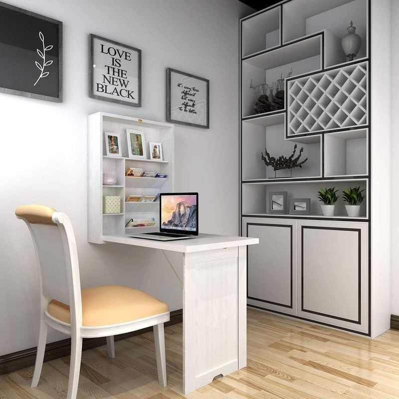 Muur gemonteerde tafel, uitklapbare multifunctionele computer bureau, converteerbare bureau schrijftafel thuiskantoor hout converteerbare bureautafel, grote opslagruimte (Wit)
