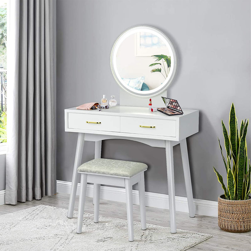 Kaptafel met ronde spiegel en verlichting in 3 lichte kleuren, make up tafel met zachte kruk, twee opbergladen, rubberen houten make-up tafel en krukpoot, geschenk voor vrouwen