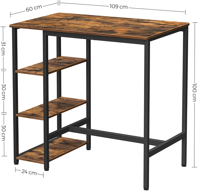 bartafel rechthoekig, bartafel met 3 planken, keukentafel, aanrecht, stevig metalen frame, 109 x 60 x 100 cm, eenvoudige montage, industrieel ontwerp, vintage, donkerbruin LBT11X