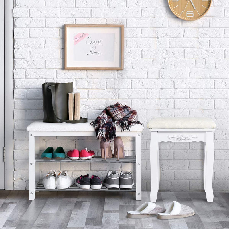 Houten kruk voor make-up, kaptafel stoel, make-up kruk met zacht gevoerde zitting, mooie patronen en delicaat houtsnijwerk, massief houten poten, 100 kg gewichtscapaciteit (Wit)