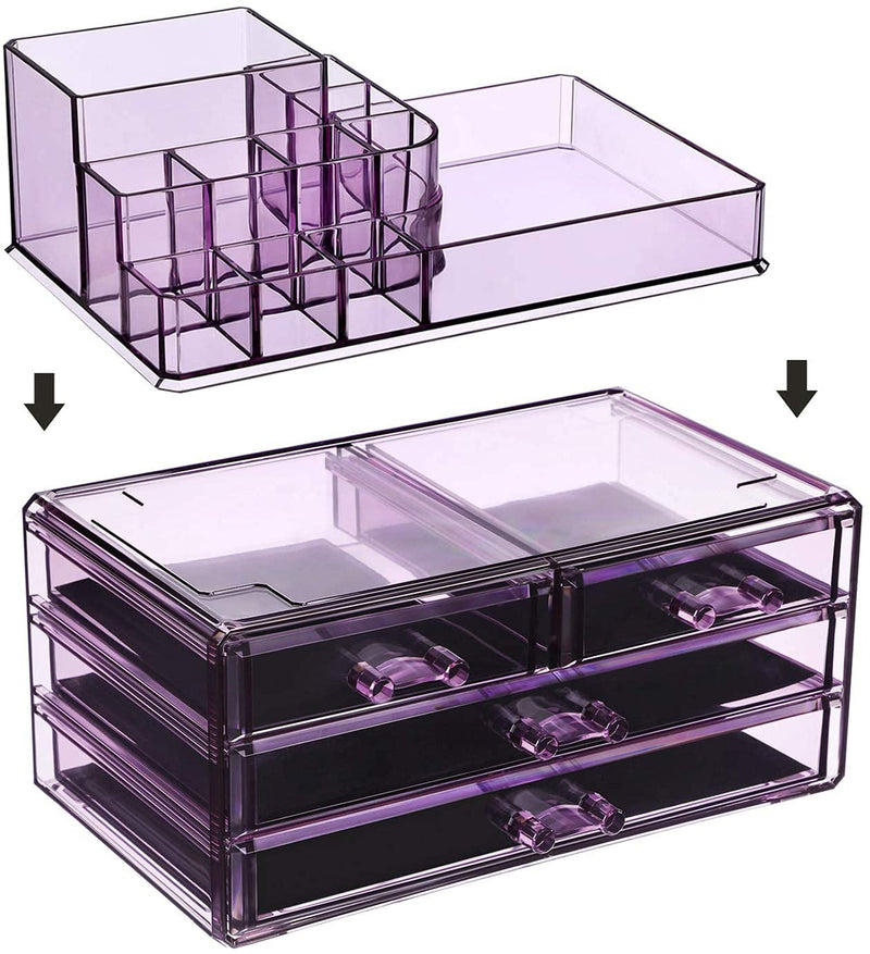 Make-up Organizer, cosmetica organizer met 4 lades en 11 vakken in verschillende maten, anti-slip inzetstukken, voor make-up en sieraden, lavendel JKA001PL