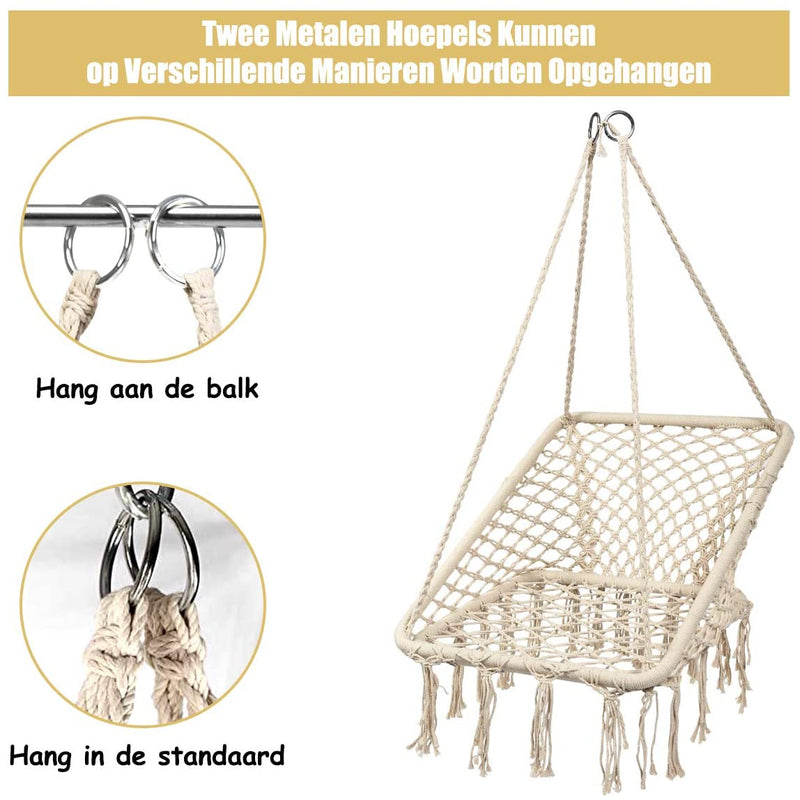 hangstoel, hangende katoenen touw schommelstoel met metalen hoepels, comfortabele vrije tijd geweven kwast hangstoel voor binnen, buiten, tuin, terras, slaapkamer, 120 kg capaciteit