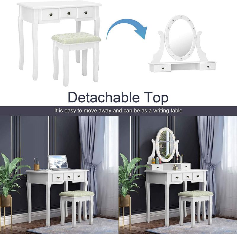 Kaptafel met verlichte spiegel, make-uptafel kaptafel, 360° draaiende ovale spiegel met 12 LED-lampjes, afneembare bovenkant, 5 opberglades, voor meisjes slaapkamer (Wit)