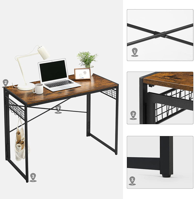 Computertafel, opklapbaar bureau met 8 haken, voor thuiskantoor, laptop en PC, vintage bruin-zwart LWD42X