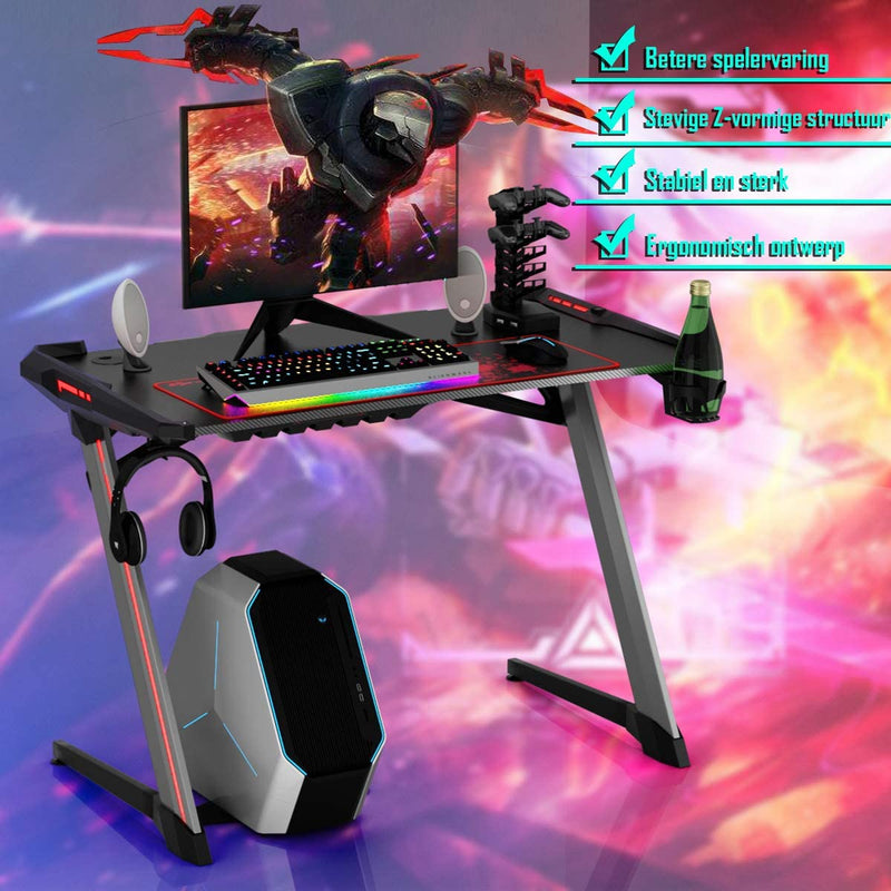 Gaming Bureau, Gamingtafel, Ergonomische race Computer bureau met RGB-lampen, 120cm  Z-vorm ,zwart