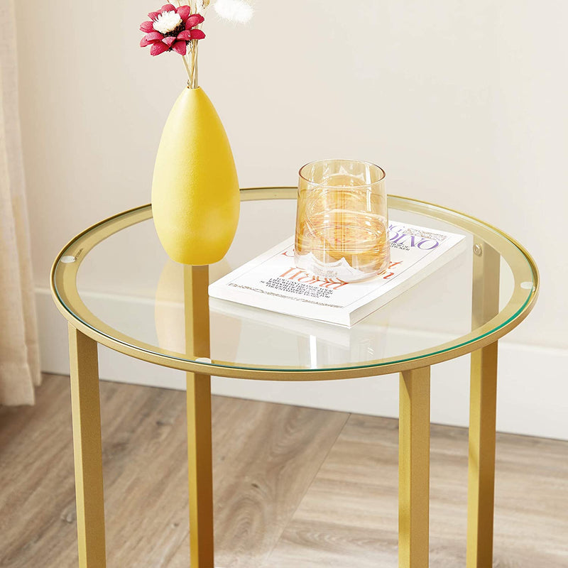 Bijzettafel, salontafel, rond, met 2 planken, van glas, voor woonkamer, slaapkamer, hazelnootbruin-goud LET204A03