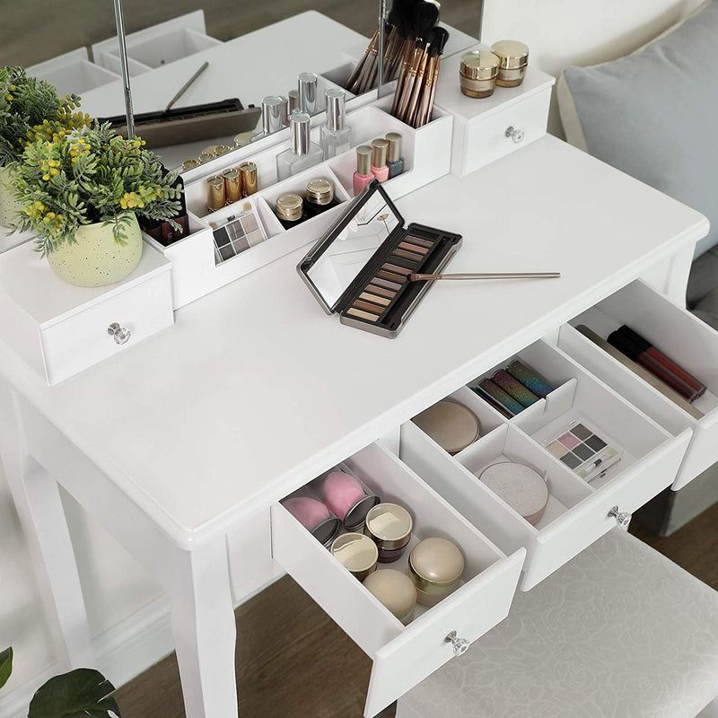 kaptafel met opklapbare spiegel en 5 laden, cosmetische tafel met uitneembare make-up organizer, met krukje, wit RDT28WT
