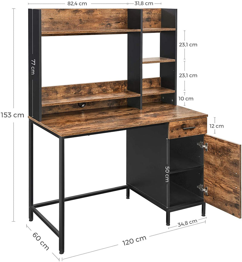 Bureau, computerbureau met schapindeling, bureau met kast en lade, , vintage bruin-zwart LWD65X