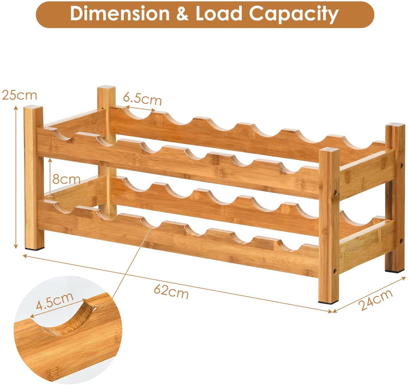 Bamboe wijnrek met 3 niveaus, 12-flessen aanrecht flessenrek, wijnkelder, 62 x 24 x 25 cm