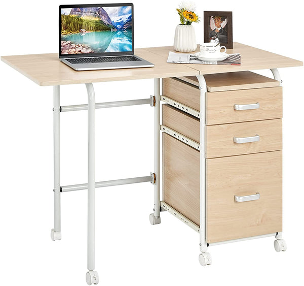 Bureau, computertafel, opvouwbaar computerbureau, met 3 uitschuifbare laden en vergrendelbare wielen, 105,5 x 50,5 x 74cm (Natuurlijk)