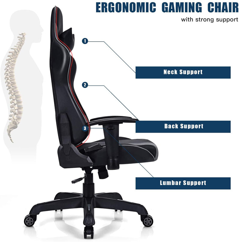 gaming stoel, bureaustoel, lederen bekleed rollend computerstoel met hoofdsteun, lumbale steun, verstelbare armleuning, hoge rug, draaibare gamingstoel voor thuis, kantoor (Zwart)