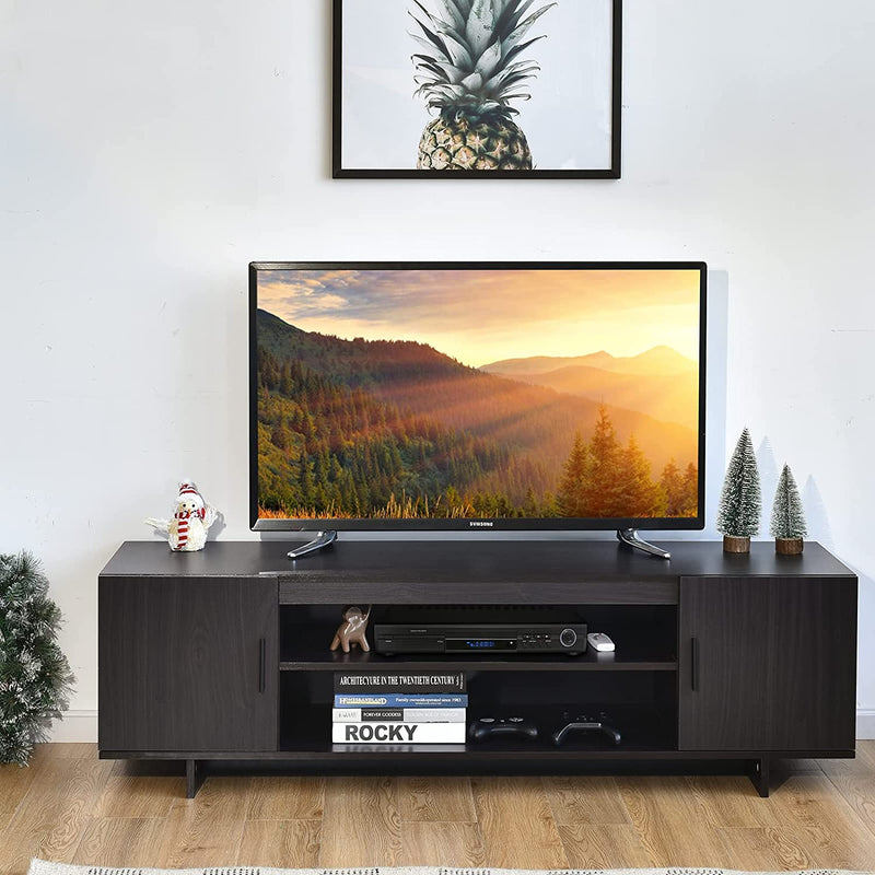 modern  TV meubel voor TV tot 65 inch, 152 x 40 x 45 cm, TV-plank met 2 opbergkasten & open planken, huiskamer meubilair TV lowboard