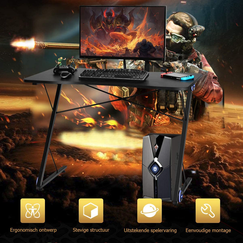 Game bureau, gaming tafel, Z-vormig professioneel gamer werkstation met LED-verlichting & groot koolstofvezel oppervlak, ergonomische PC-gametafel, computerbureau voor thuiskantoor, 110 x 60 x 78cm
