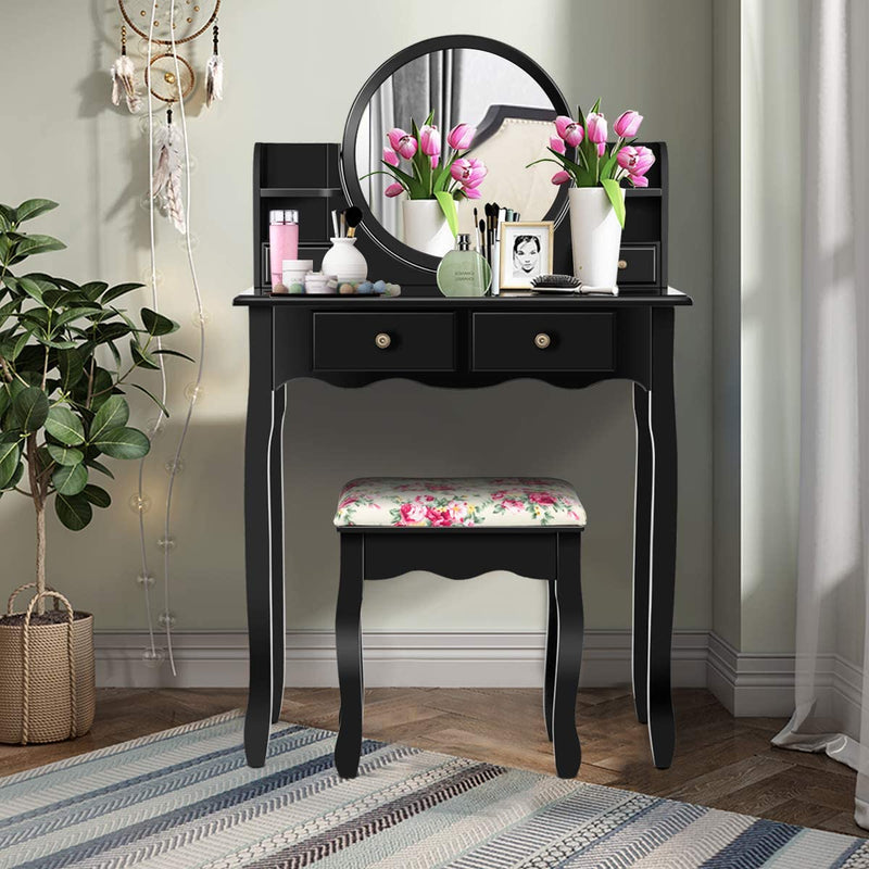 Kaptafel, kaptafel set met krukje, make-up tafel met 360° draaibare en afneembare spiegel, kaptafel met 4 lades en 2 planken (Zwart)