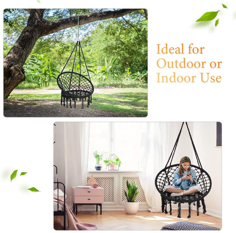 Hangstoel, katoenen touw macrame hangende schommelstoel voor woonkamer, tuin, balkon, scandinavische stijl, capaciteit van 150 kg (Zwart