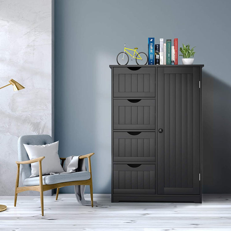 Badkamerkast vloerkast, vrijstaande badkamerkast, houten bijzetkast opbergkast met 4 laden en 1 verstelbare plank, multifunctionele, ruimtebesparende, voor ingang woonkamer slaapkamer keuken (Zwart)