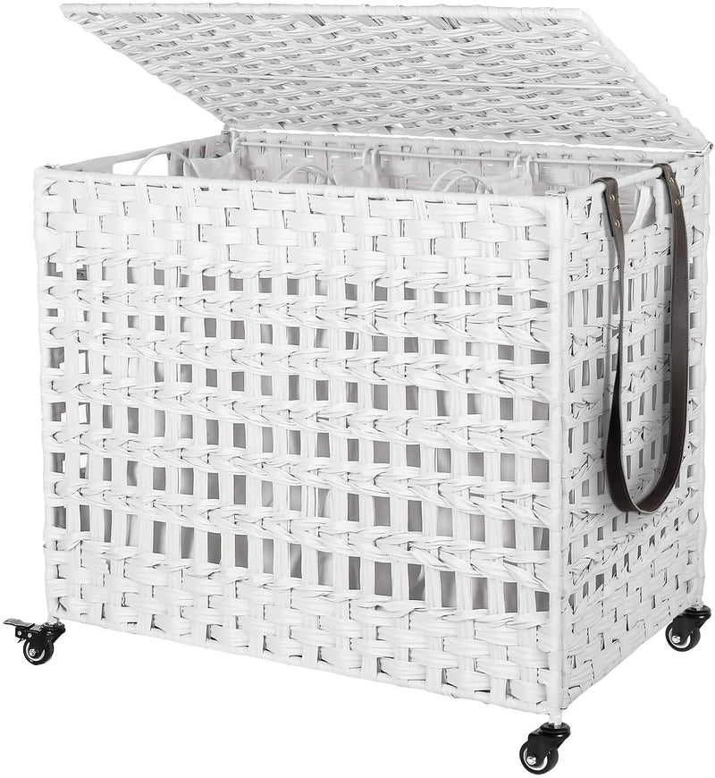 handgeweven wasmand met deksel, wasmand in rotanstijl met 3 aparte compartimenten, handgrepen, verwijderbare voeringzakken, voor woonkamer, badkamer, wasruimte, wit LCB083W01