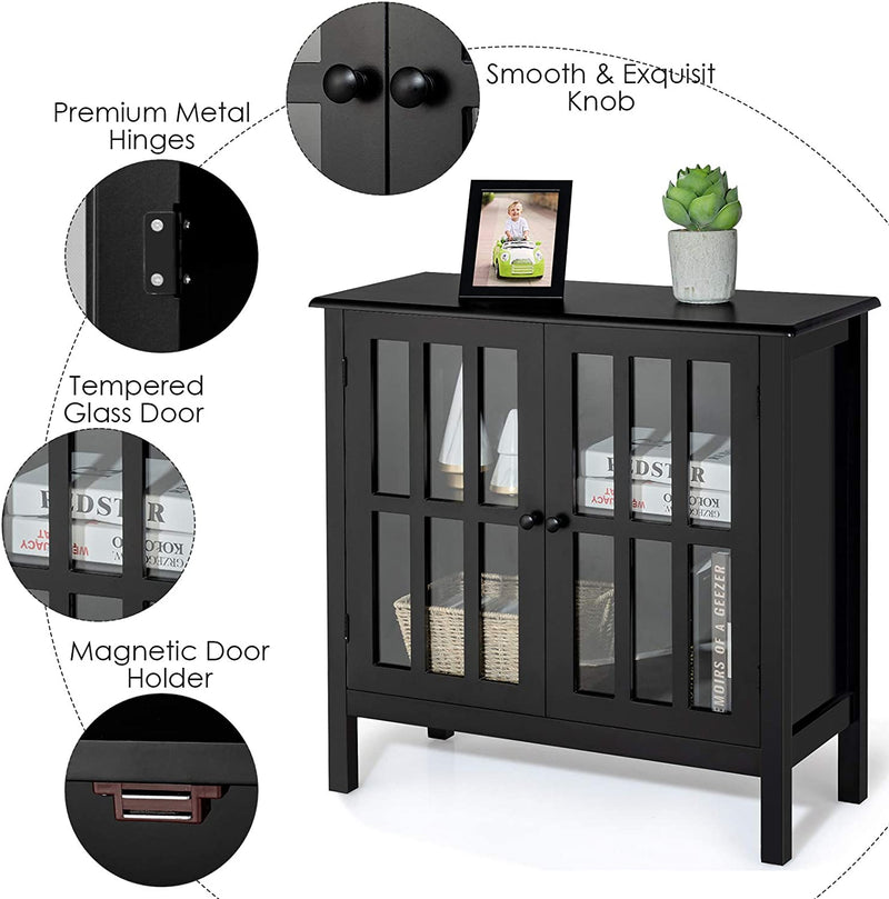 Dressoir, opbergkast met glazen deur, consoletafel keukenkast zijkast, commode  80,5 x 35 x 78 cm (Zwart)