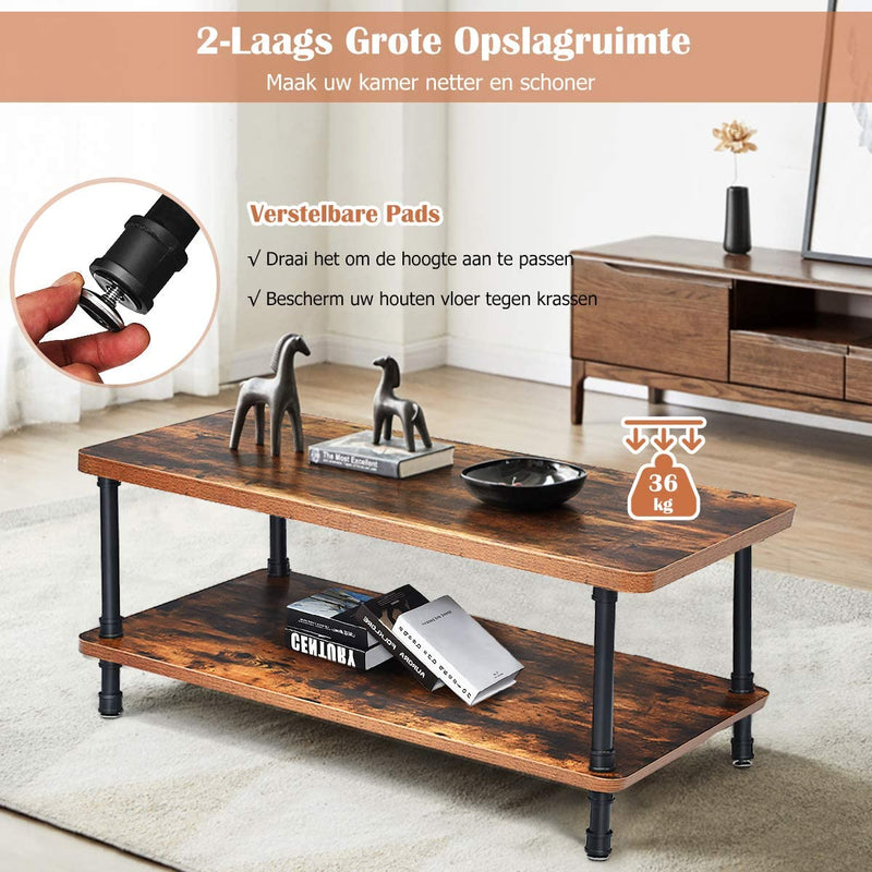 Koffietafel, salontafel, ouderwets cocktail tafel met dik tafelblad, industriële stalen buispoten & 2-laagse opslagplank, , rustiek bruin