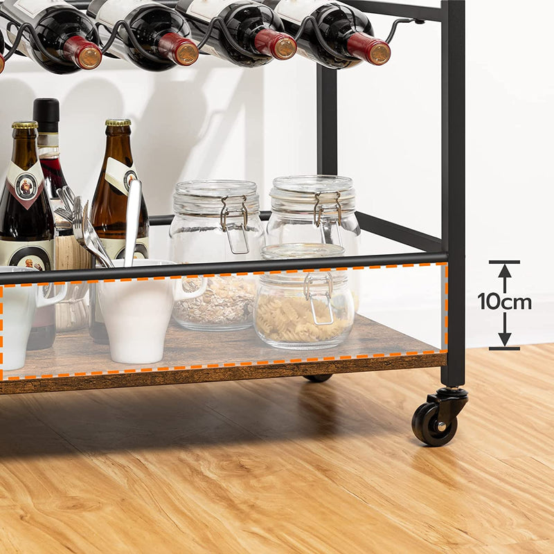 Barwagen, Serveerwagen op Wielen, Keukenwagen met Dubbellaags Wijnrek en Bekerhouder, geschikt voor Keuken, Eetkamer, Woonkamer, Rustiek Bruin EBF85TC01