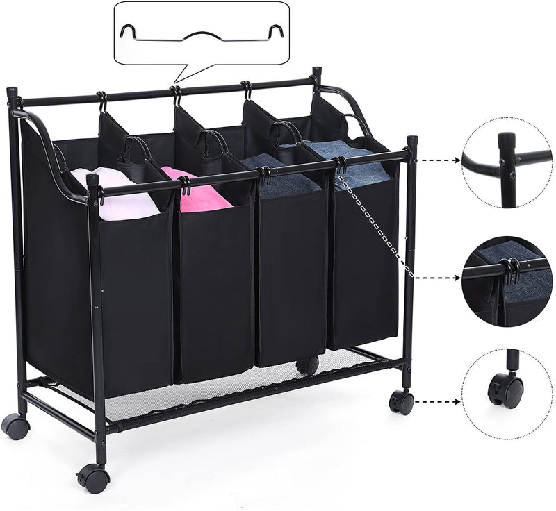 Wasmand met 4 vakken, wassorteerder, wasverzamelaar, met wielen, afneembare zakken, speelgoedopslag, 4 x 35 liter, zwart LSF005