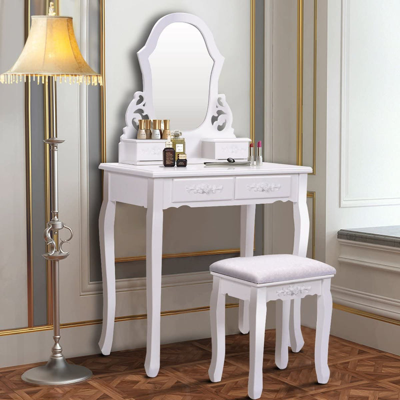 Kaptafel set met spiegel voor make-up Moderne kussens Bank Kruk Slaapkamer Hout Stijl Meubels Top Afneembare multifunctionele schrijftafel Kaptafels voor meisjes (wit, 4 laden)