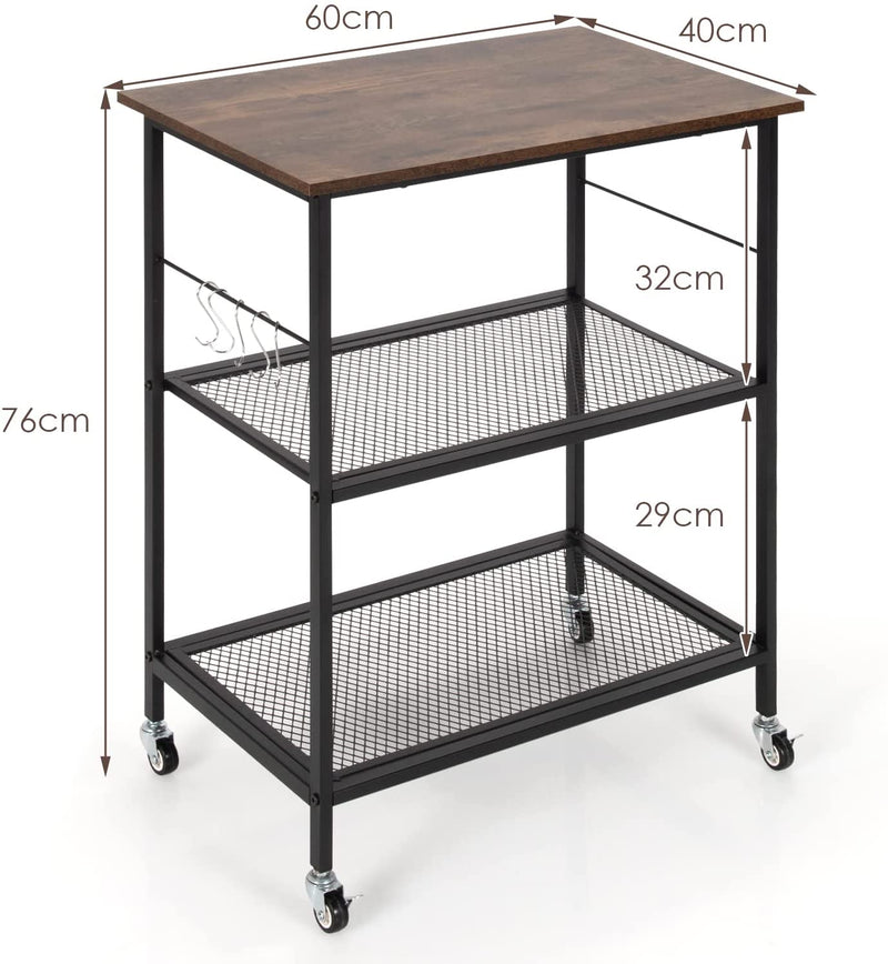 Keukenwagen serveerwagen, 3 lagen opslag keukenplank met flexibele wielen, 2 gaas planken & 5 opknoping haken, industriële vintage stijl, afsluitbare keukentrolley voor keuken, woonkamer (Koffie)