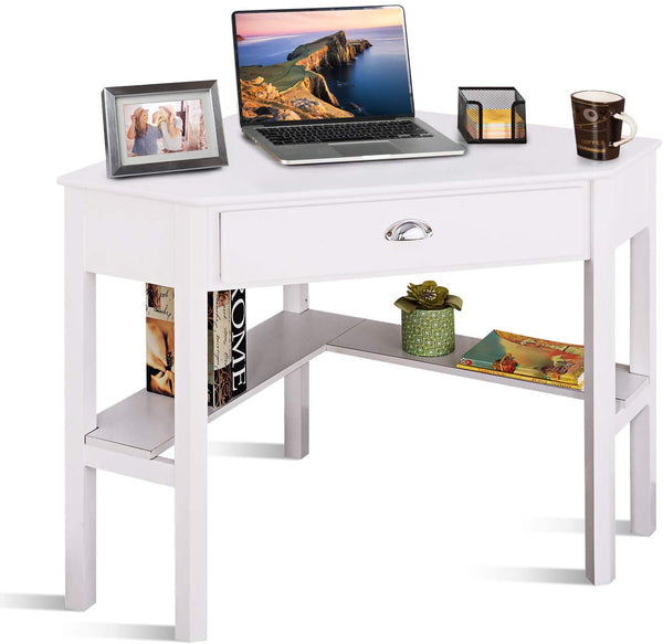 Bureau, Hoekbureau, Houten L-vormig computerbureau, Compacte Schrijftafel met Lade & Planken, Ruimtebesparend Werkstation, Laptop PC hoek Tafel Meubilair voor thuiskantoor (Wit)