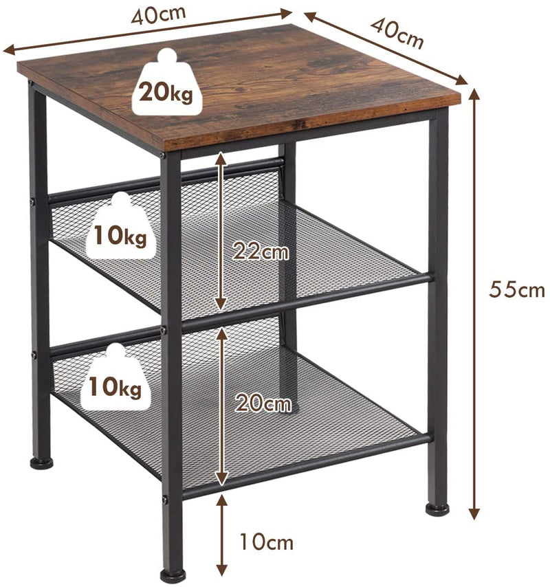 3-laags industrieel nachtkastje met 2 verstelbare gaasplanken, bijzettafel met metalen frame voor woonkamer, slaapkamer, badkamer, keuken, gemakkelijk te monteren, rustiek bruin