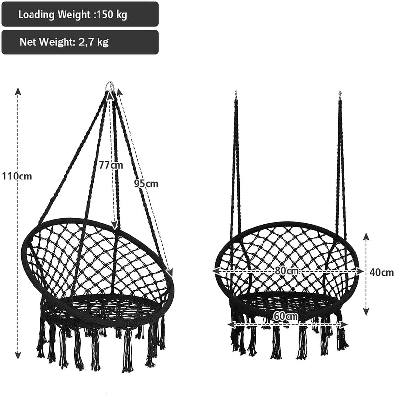 Hangstoel, katoenen touw macrame hangende schommelstoel voor woonkamer, tuin, balkon, scandinavische stijl, capaciteit van 150 kg (Zwart