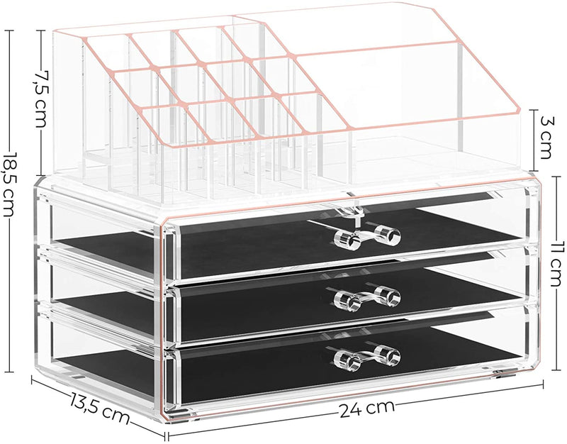 Make-up organizer, cosmetica organizer met 3 lades en 15 vakkenroségoud JKA002T01