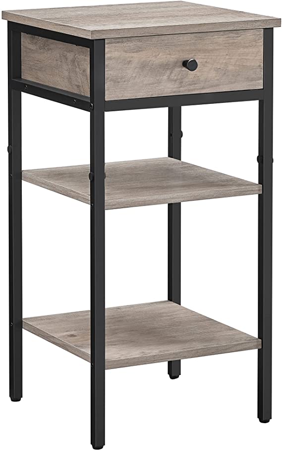 Nachtkastje, nachtkastje, hoog, met één lade en 2 legplanken, ruimtebesparend, industriële stijl, grijs-zwart LET502B02