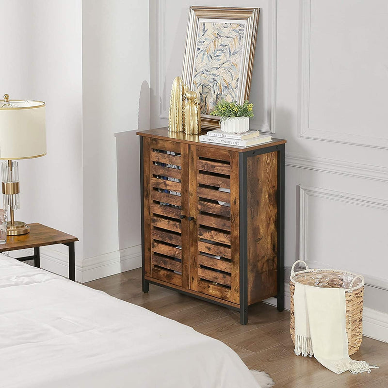 Bijzetkast, dressoir, decoratieve kast met lamellendeuren, multifunctioneel, woonkamer, slaapkamer, hal, industrieel design, vintage, donkerbruin LSC78BX