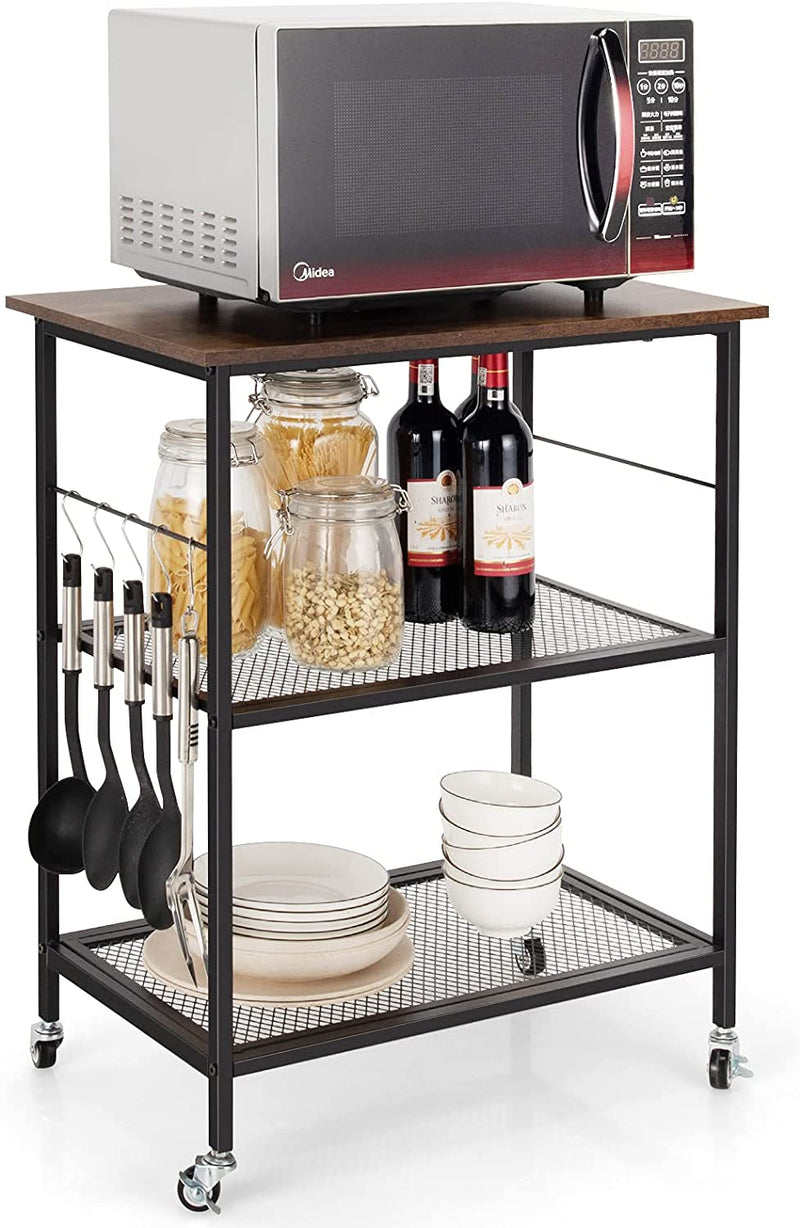 Keukenwagen serveerwagen, 3 lagen opslag keukenplank met flexibele wielen, 2 gaas planken & 5 opknoping haken, industriële vintage stijl, afsluitbare keukentrolley voor keuken, woonkamer (Koffie)