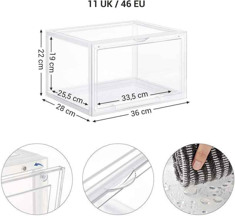 schoendozen, set van 6, stapelbare schoen organizers, plastic dozen met transparante deur, schoenopslag, voor schoenen tot maat 46, 36 x 28 x 22 cm, transparant LSP06CW