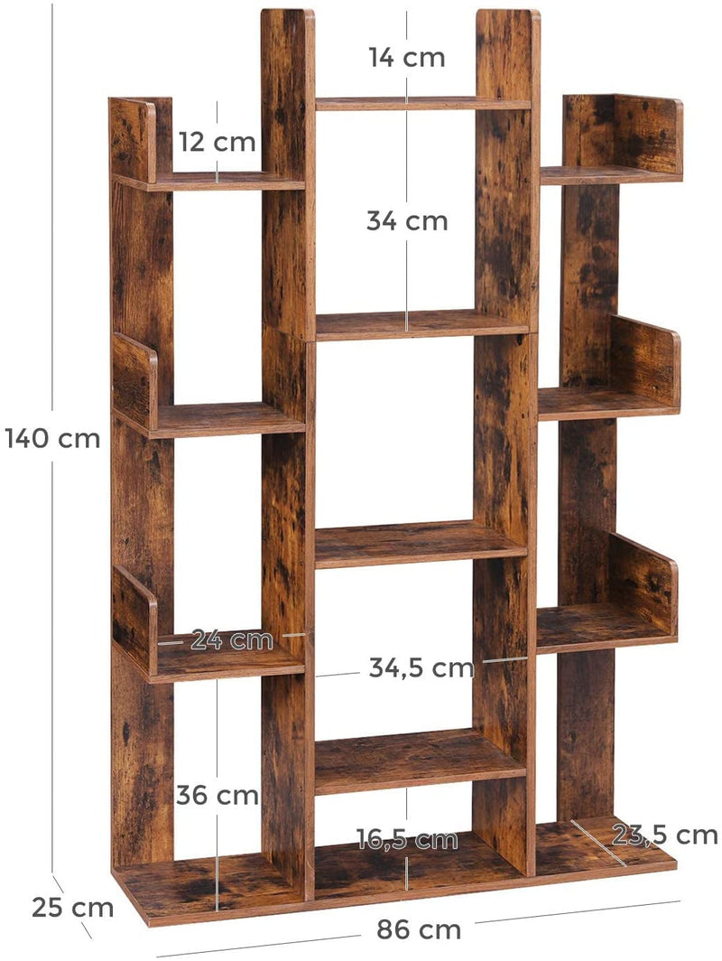 Vormige boekenplank in de vorm van een boom, staande plank met 13 vakken, opbergrek, 86 x 25 x 140 cm, met afgeronde hoeken, vintage bruin LBC67BXV1