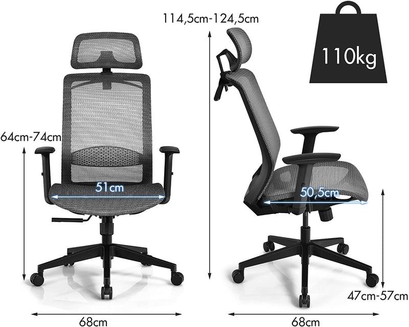 Ergonomische  bureaustoel, draaistoel, hoge rugleuning bureaustoel met verstelbare lendensteun, hoofdsteun, armsteun, rugleuning, kleerhanger, computerstoel (Grijs)