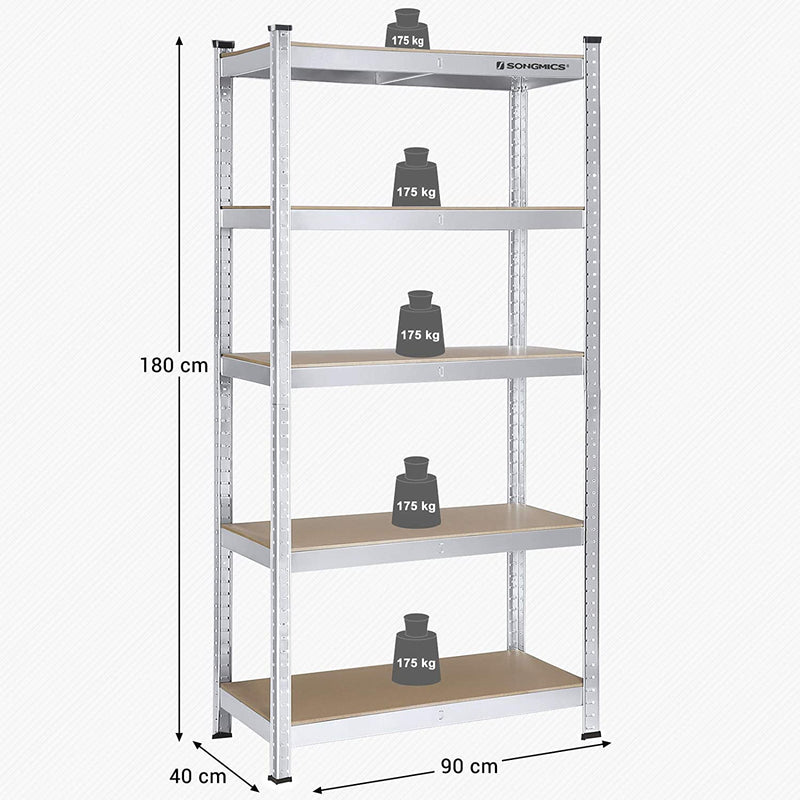 Magazijnrek, set van 2, rek voor zware lasten, kelderrek, 180 x 90 x 40 cm, tot 875 kg belastbaar, 5 verstelbare planken, plank van metaal, steekrek, werkplaatsrek, kelder, zilver GLR80SV