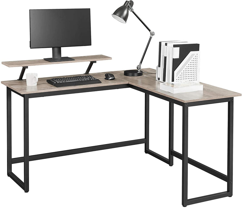 Bureau, L-vormig computerbureau met beweegbare monitorbevestiging, hoekbureau,  greige-zwart LWD056B02