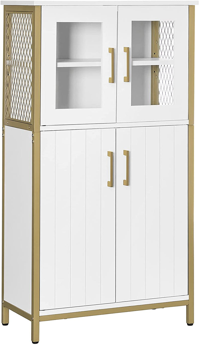 Badkamerkast, dressoir, opbergkast, verstelbare plank, stalen frame, voor woonkamer, keuken, wit-goudkleurig LSC260G10