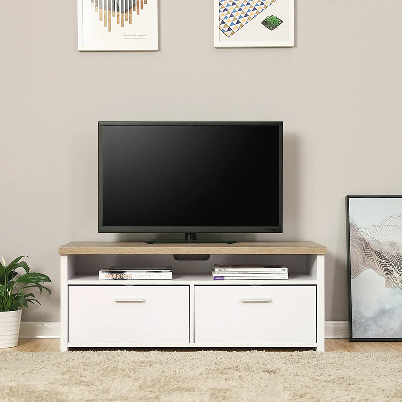 tv-tafel, tv-kast met compartimenten en vouwdeuren, tv-kast, tv-bord, lowboard, tafel tv-meubelen wit houtkleurig LTC01WN