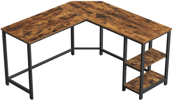 Bureau, L hoekbureau, computerbureau met 2 planken, vintage bruin-zwart LWD72X