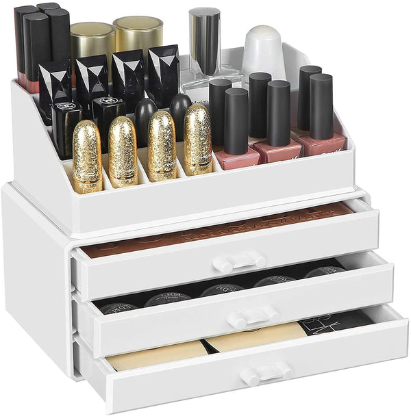 Make-up Organizer van acryl, cosmetica organizer met 3 lades en 15 vakken in verschillende maten, anti-slip inzetstukken, voor make-up en sieraden, wit JKA002WT