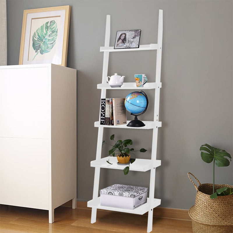 Ladder plank, 5 laags muur-Leunende boekenplank Ladder boekenkast, (Wit)