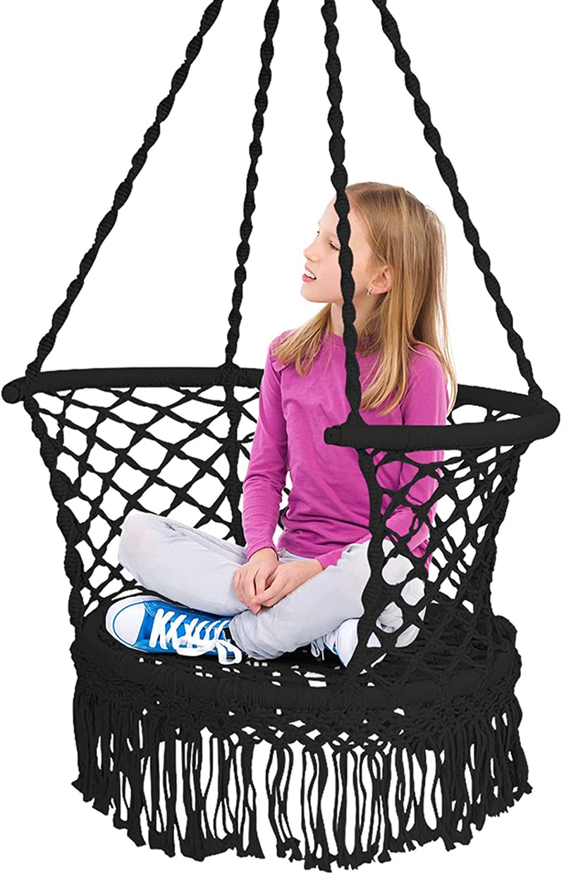 Hangstoel macrame schommelstoel, hangende katoenen touw stoel met kwastjes, maximaal 160kg (kussens niet inbegrepen) (Zwart)