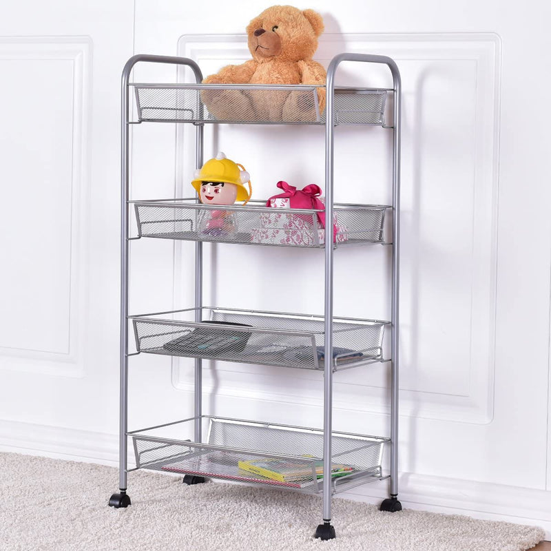 Serveerwagen met 4 lagen, keukentrolley gemaakt van ijzer, opbergtrolley met flexibele wielen en planken, multifunctionele trolley voor badkamer, keuken, eetkamer, kantoor (Grijs)