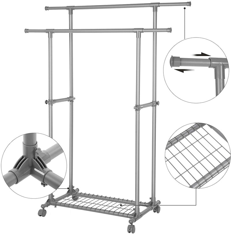 Kledingrek op wielen, uittrekbare kapstok met dubbele stang, kledingstandaard, tot 70 kg belastbaar, (87-150) x 52 x 166 cm, voor jurken, overhemden, pakken, grijs