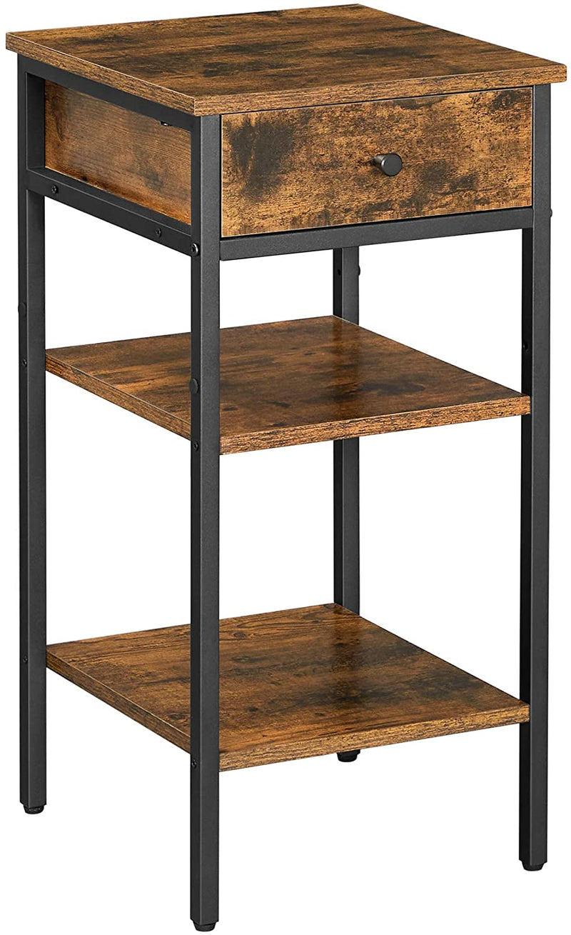 Nachtkastje, hoog, met een lade en 2 planken, ruimtebesparend, industriële stijl, vintage bruin-zwart LET502B01