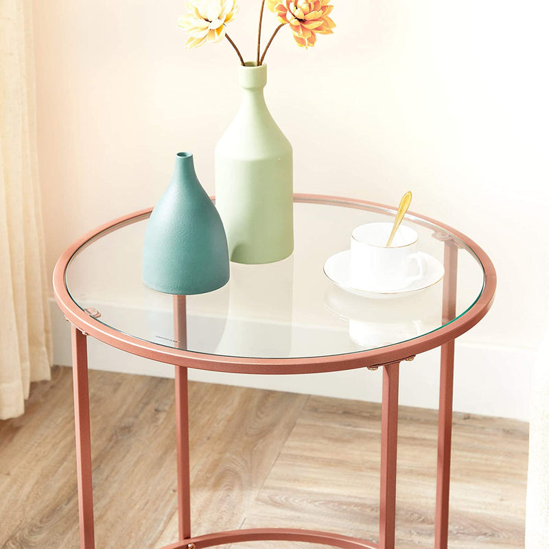Bijzettafel rond, kleine salontafel, glazen tafel met metalen frame, nachtkastje, sofatafel, balkon, gehard glas, roségoud LGT020A02