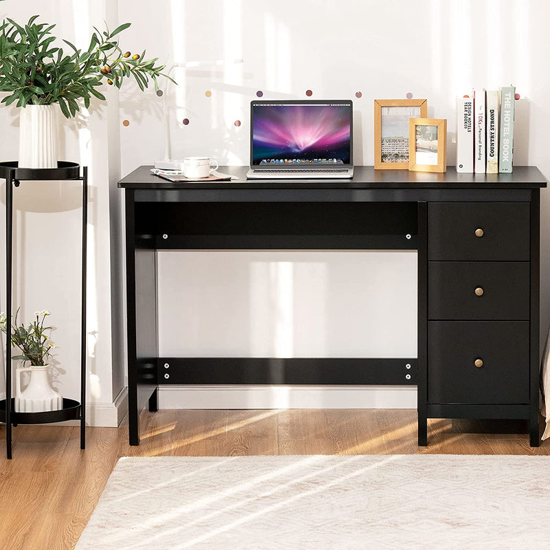 Computerbureau 120 cm met 3 laden, thuiskantoor studie bureau met ruime bureaublad, computertafel pc-tafel, moderne laptop bureau, multifunctioneel computer bureau (Zwart)